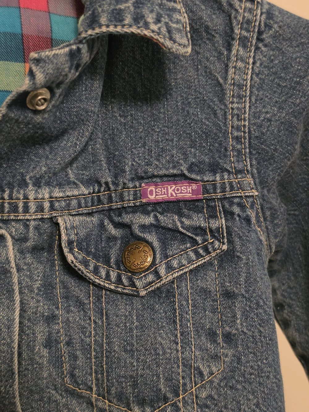 Osh Kosh B'Gosh Vintage Girls Blue Denim Jacket with Plaid Lining
